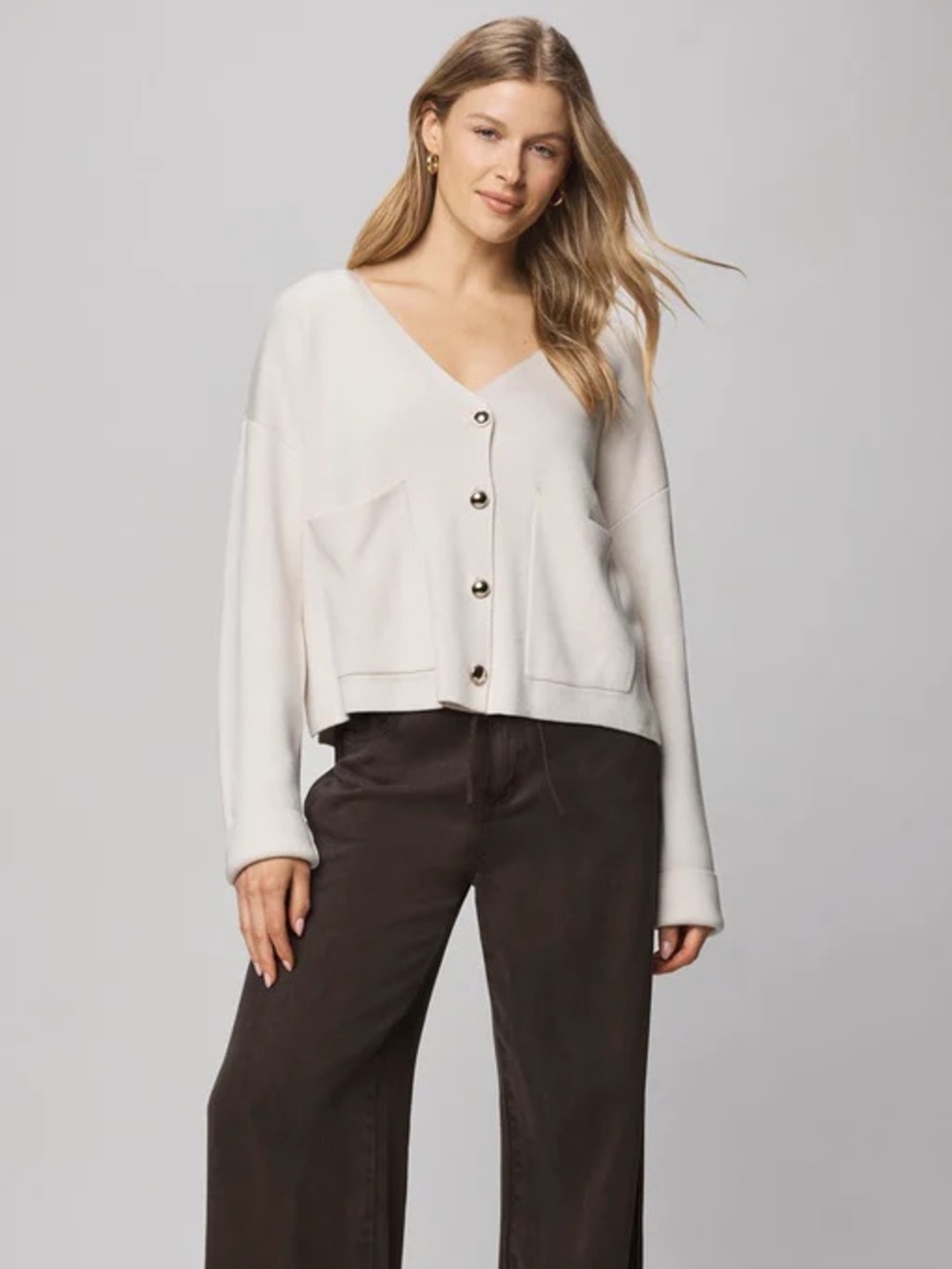 Splendid Libby Cropped Cardigan Pale Oak Heather Long Sleeve